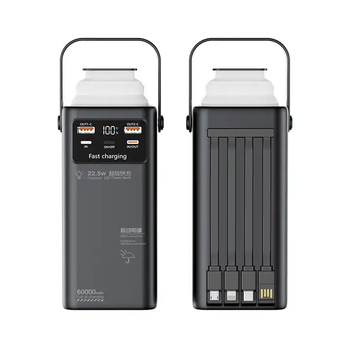 Зовнішній акумулятор 60 000 мАг з 4 вбудованими кабелями, чорний
